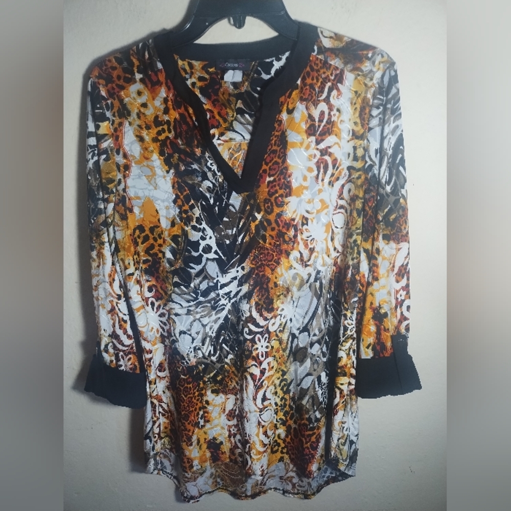 Cocomo Top Women M Floral Animal Print Cheetah Tunic Artsy Art To Wear